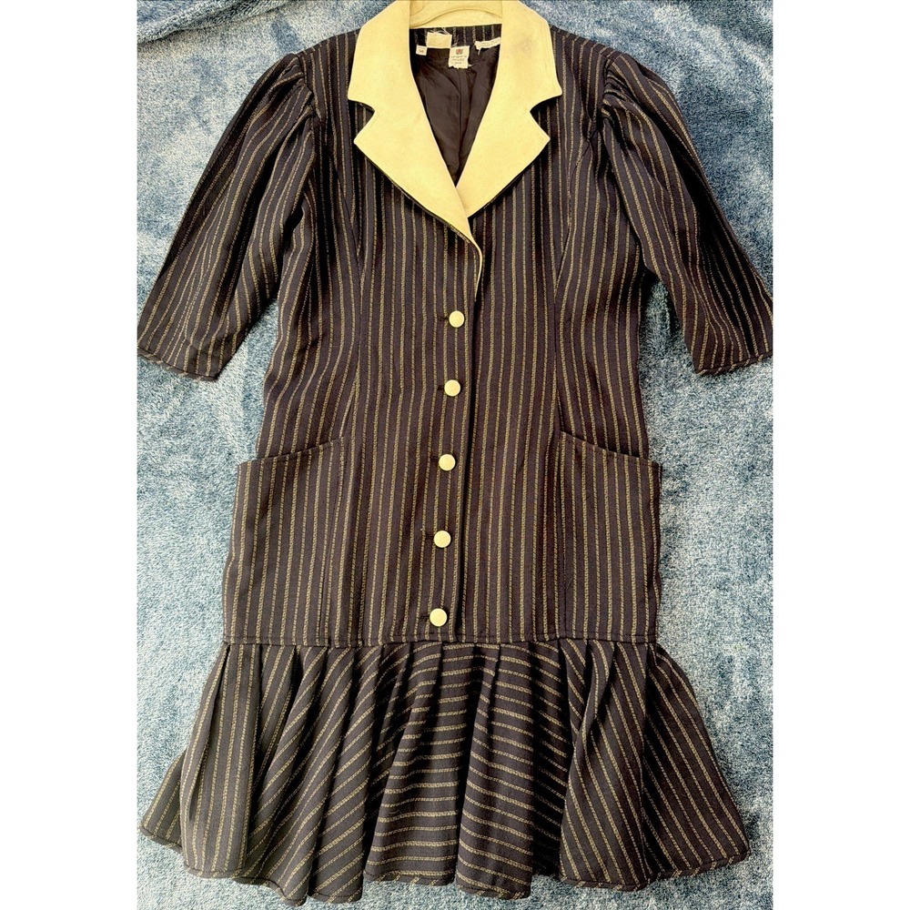 Ungaro Vintage Pinstripe Drop Waist Dress Ruffle Hem Gold Button Women's